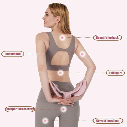 Woman using fitness device for posture and leg shaping, labeled benefits, IndianChic wellness product
