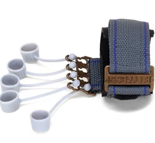 Grey finger strength trainer wrist strap with five elastic loops, fitness accessory on IndianChic