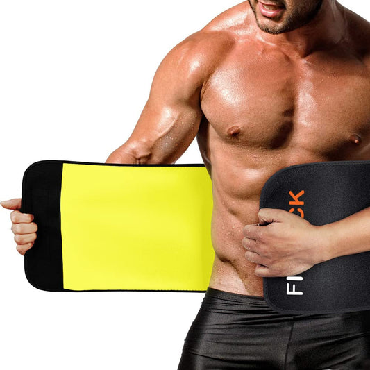 Sweaty muscular man wearing black and yellow waist trimmer belt for fitness on IndianChic