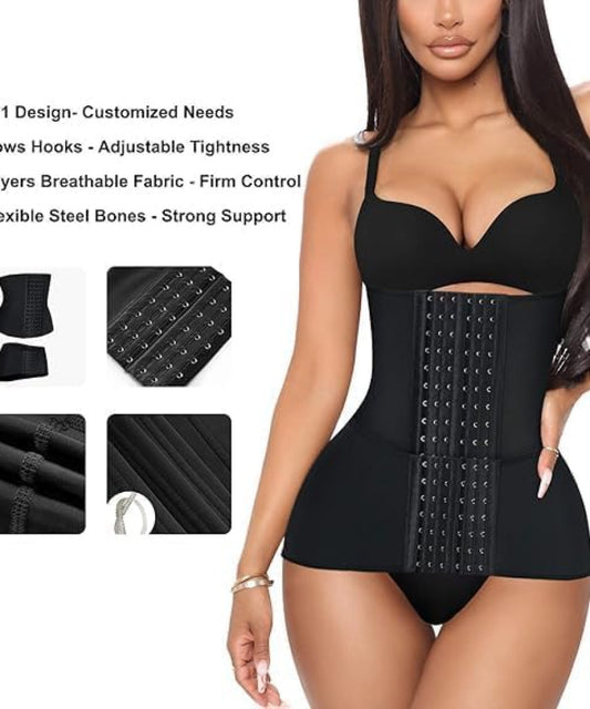 Woman wearing black seamless hook shapewear tummy belt, adjustable fit, IndianChic fashion