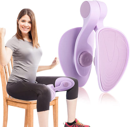 Woman using purple thigh exercise equipment on chair, IndianChic fitness gear