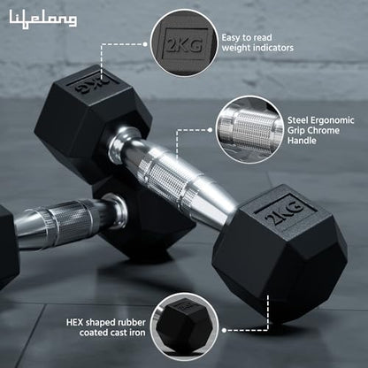 Lifelong PVC Hex Dumbbells Pack of 2 (5kg*2) Black Color for Home Gym Equipment Fitness Barbell|Gym Exercise|Home Workout, Gym Dumbbells|Dumbbells Weights for Men & Women (6 Months Warranty)