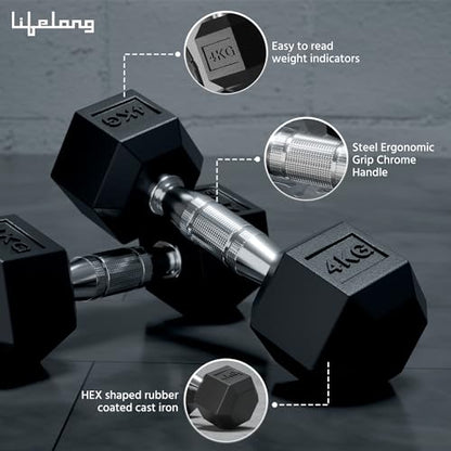 Lifelong PVC Hex Dumbbells Pack of 2 (5kg*2) Black Color for Home Gym Equipment Fitness Barbell|Gym Exercise|Home Workout, Gym Dumbbells|Dumbbells Weights for Men & Women (6 Months Warranty)