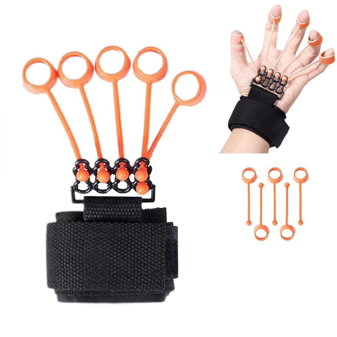 Hand finger exerciser with orange resistance bands and black wrist strap for grip strength training, IndianChic.