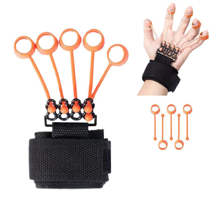 Hand finger exerciser with orange resistance bands and black wrist strap for grip strength training, IndianChic.