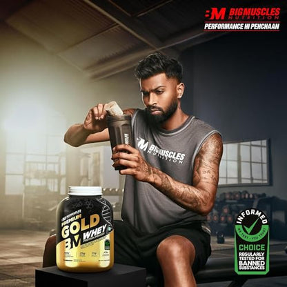 Bigmuscles Nutrition Premium Gold Whey [1Kg] | Informed Choice UK Certified | Isolate Whey Protein Blend | 25g Protein | 11g EAA | ProHydrolase Enzyme Technology [Chocolate]