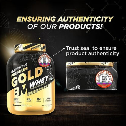 Bigmuscles Nutrition Premium Gold Whey [1Kg] | Informed Choice UK Certified | Isolate Whey Protein Blend | 25g Protein | 11g EAA | ProHydrolase Enzyme Technology [Chocolate]
