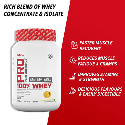 GNC Pro Performance 100% Whey Protein | 2 lbs | Muscle Growth | Muscle Recovery | DigeZyme® For Easy Digestion | Informed Choice Certified | 24g Protein | 5.5g BCAA | Chocolate Fudge | 907 gm