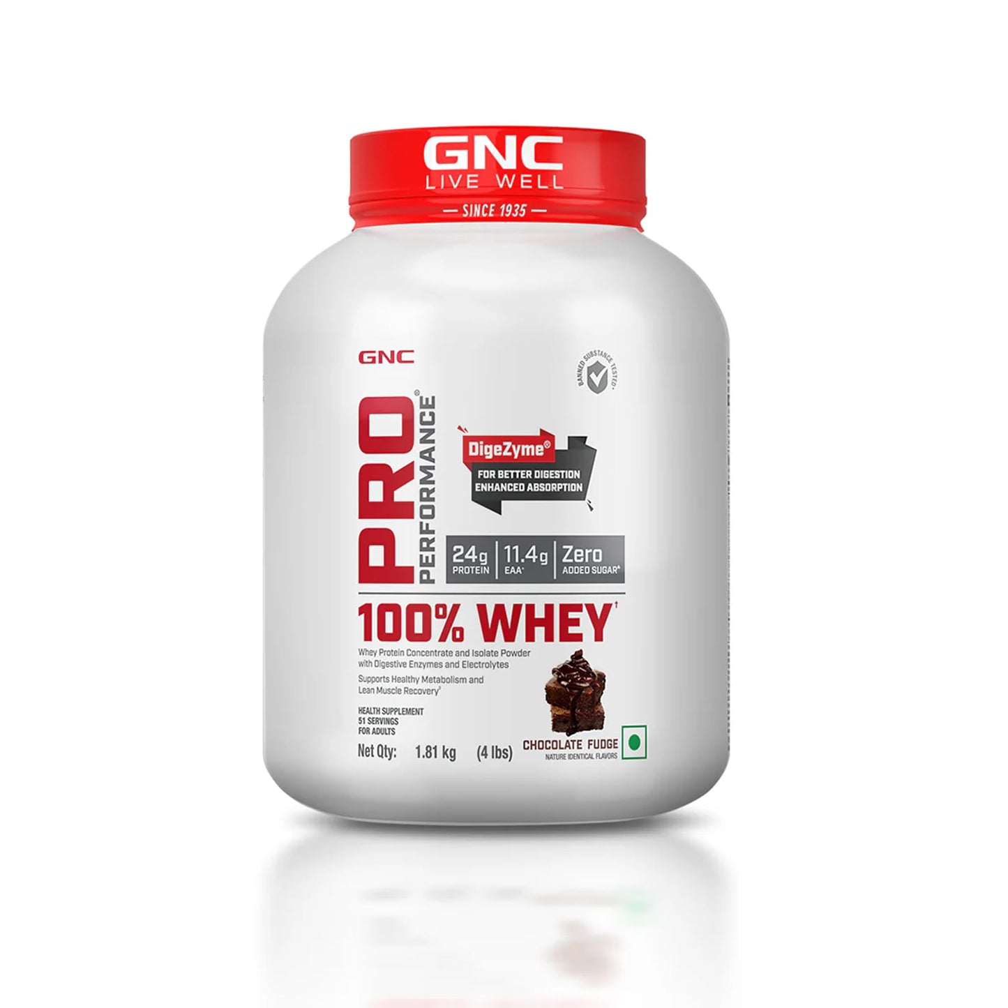 GNC Pro Performance 100% Whey Protein | 2 lbs | Muscle Growth | Muscle Recovery | DigeZyme® For Easy Digestion | Informed Choice Certified | 24g Protein | 5.5g BCAA | Chocolate Fudge | 907 gm