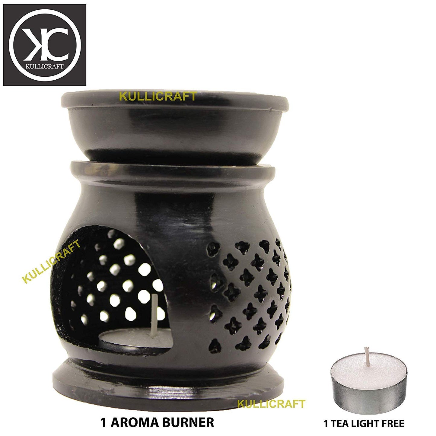 Black 4 Inch Ceramic Aroma Candle Diffuser Oil Burner Clay Lamp Wax Warmer Tea Light Holder For Home Decor. (Free 1 Candle Tea Light) - Pack Of 1.