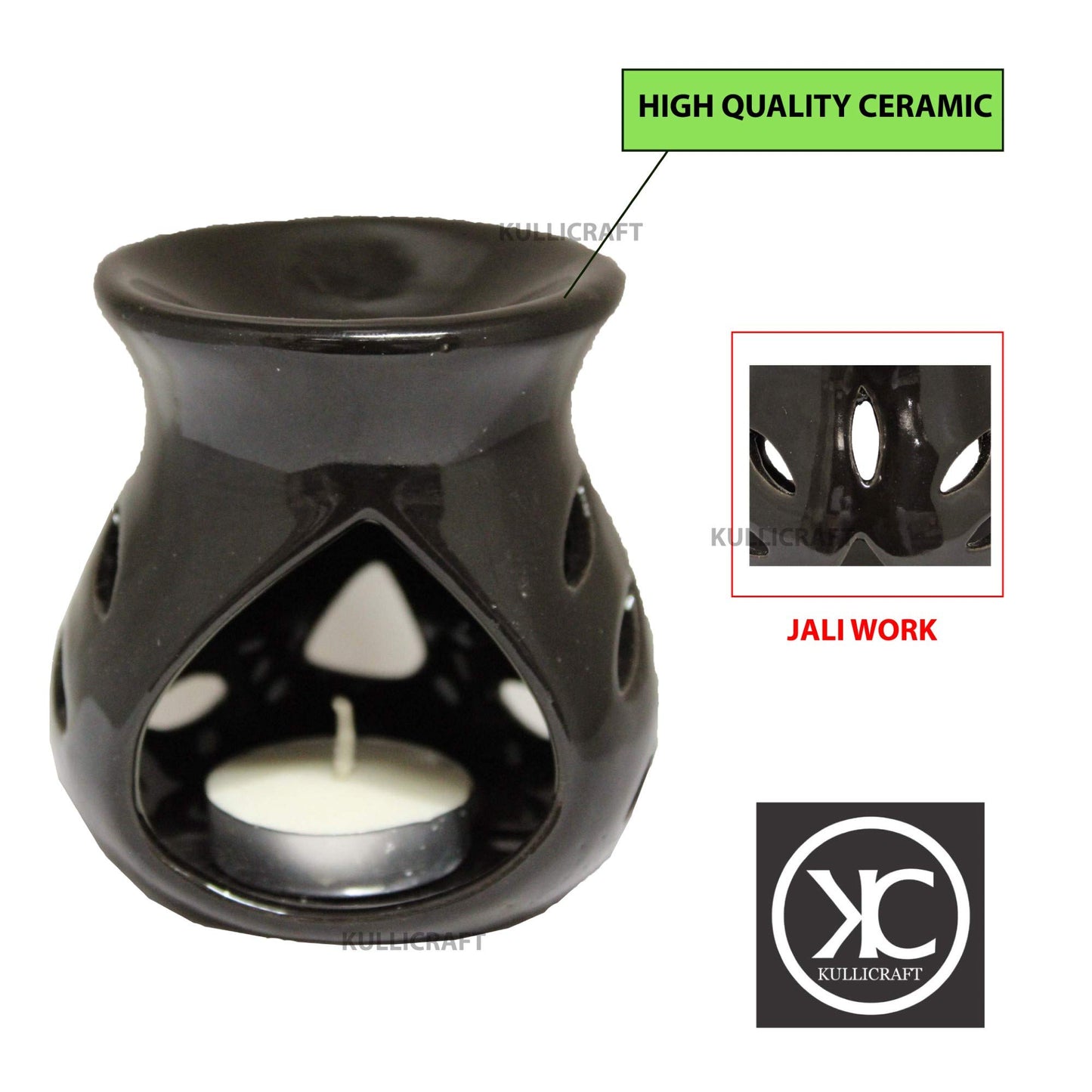 Black 4 Inch Ceramic Aroma Candle Diffuser Oil Burner Clay Lamp Wax Warmer Tea Light Holder For Home Decor. (Free 1 Candle Tea Light) - Pack Of 1.