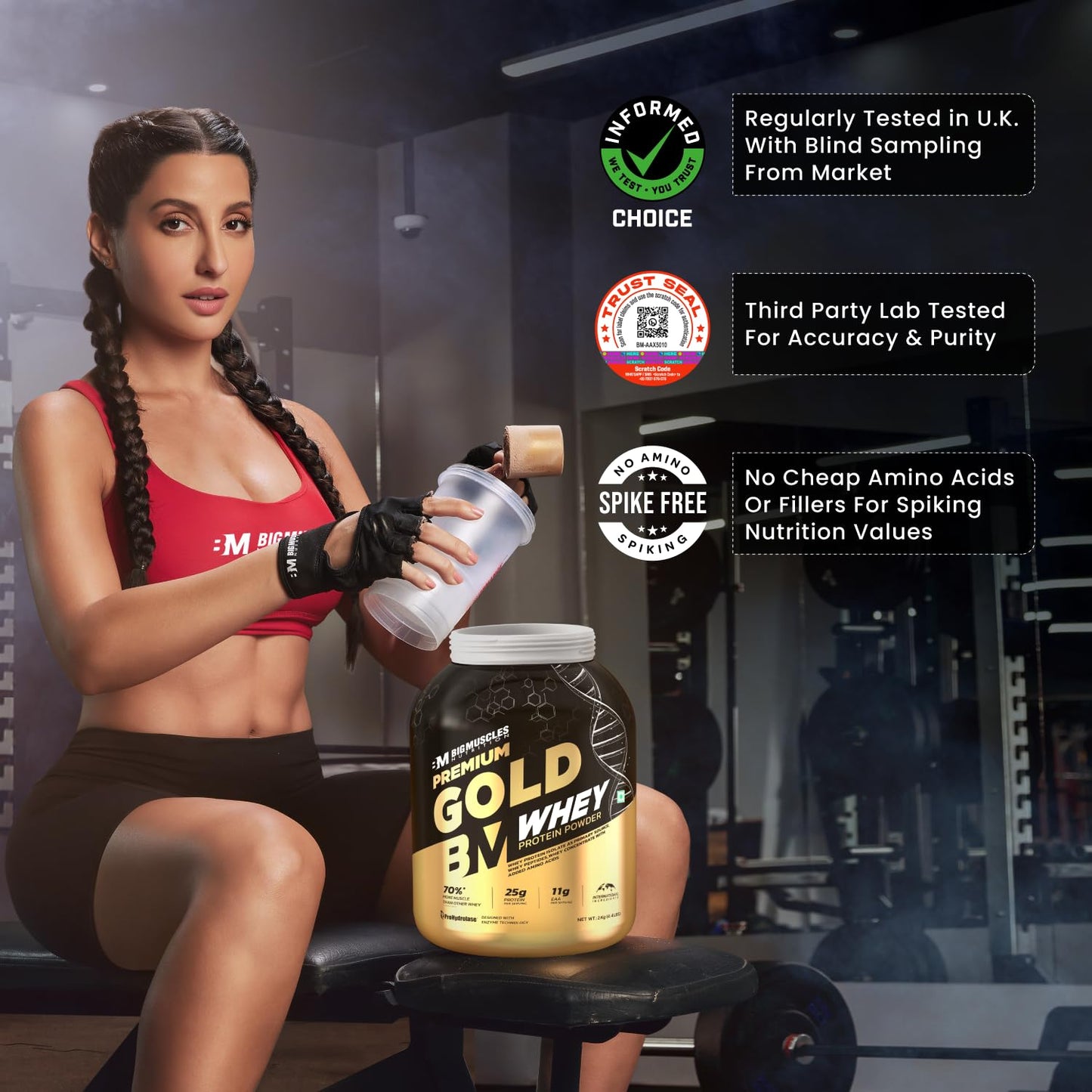 Bigmuscles Nutrition Premium Gold Whey [1Kg] | Informed Choice UK Certified | Isolate Whey Protein Blend | 25g Protein | 11g EAA | ProHydrolase Enzyme Technology [Chocolate]