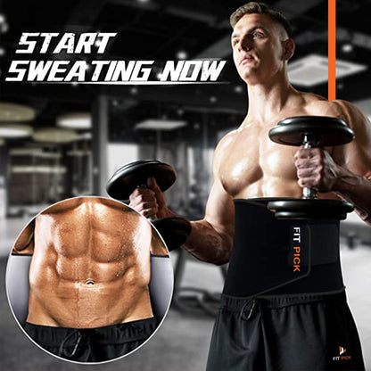Athletic man in gym using dumbbells and wearing Fit Pick sweat belt for workout