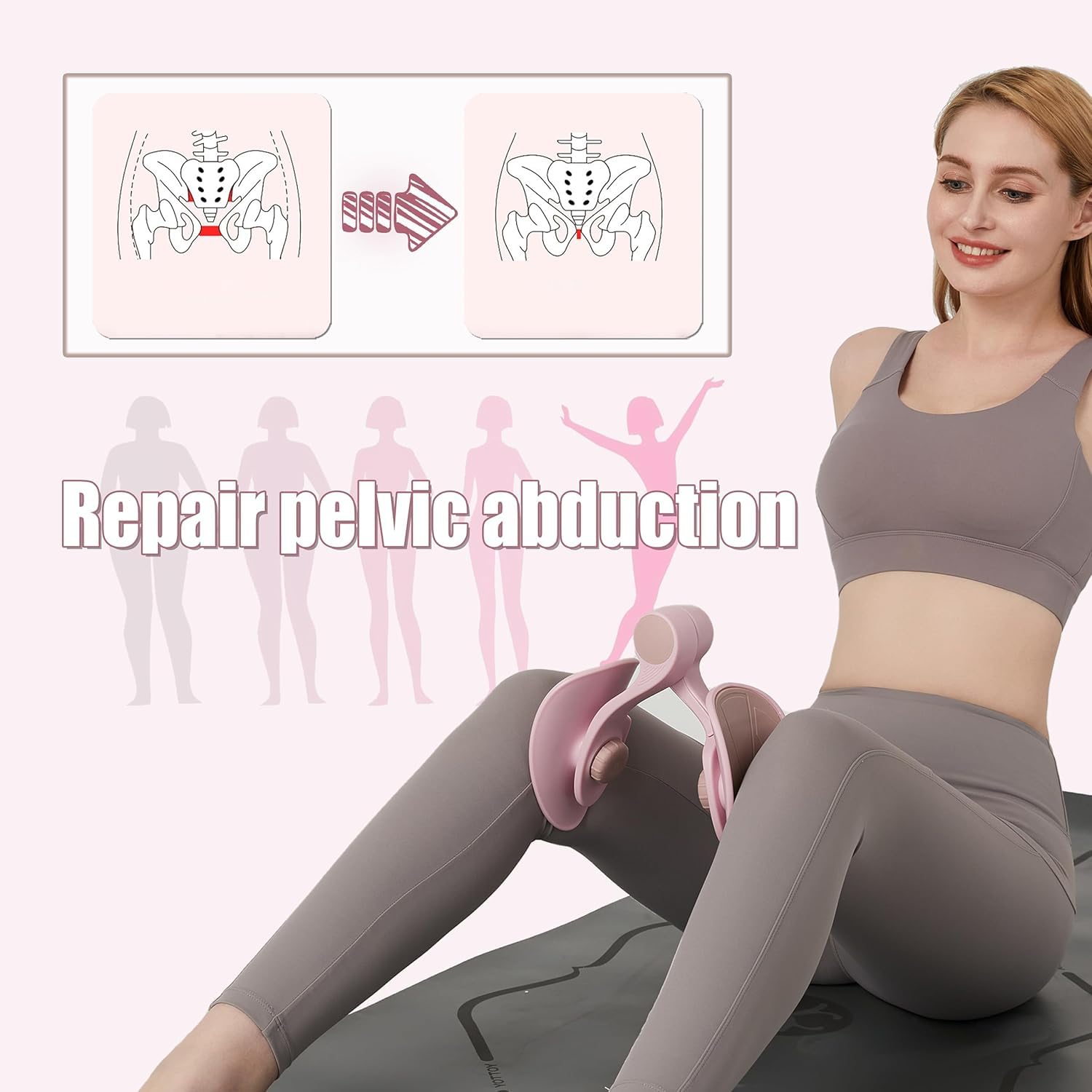 Woman using pelvic floor exerciser, fitness equipment for pelvic abduction, IndianChic health product