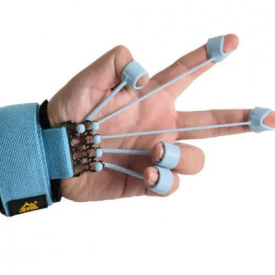 Hand wearing blue finger exercise resistance band for grip strength, IndianChic fitness accessory