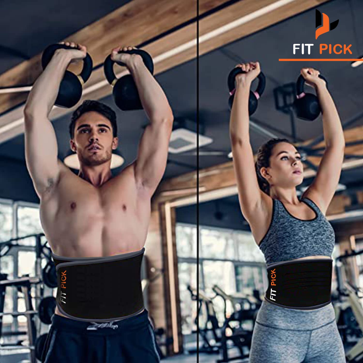 Man and woman in gym wearing Fit Pick waist trainers, lifting kettlebells, fitness apparel