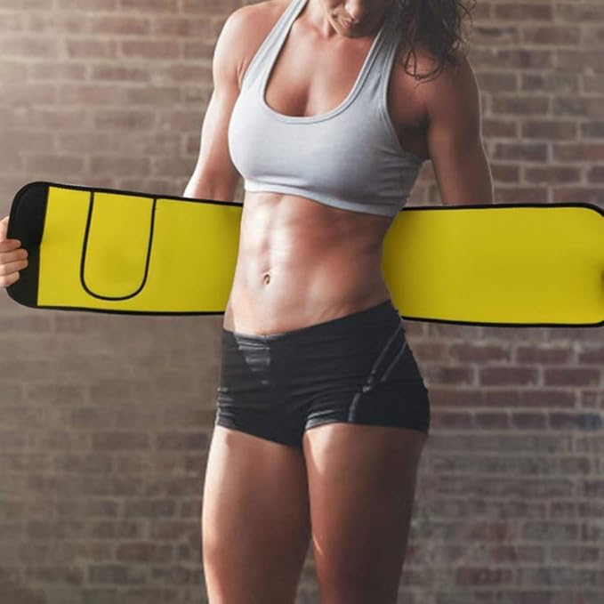 Fit woman wearing a yellow waist trainer belt, sporty gym wear, IndianChic fitness product