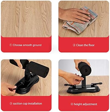 Step-by-step setup guide for sit-up bar, showing mounting and adjustment on wooden floor.
