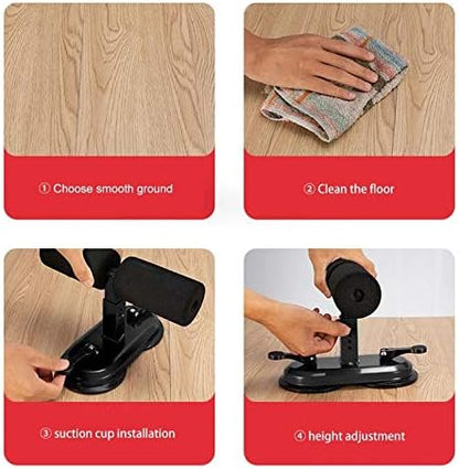 Step-by-step setup guide for sit-up bar, showing mounting and adjustment on wooden floor.