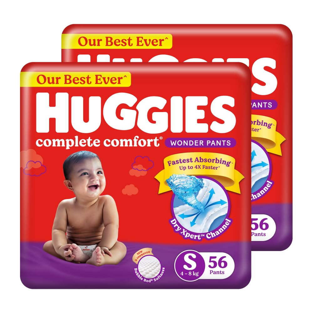 Huggies Complete Comfort Wonder Pants | Pant Style Baby Diapers S Size, 112 Count | India’s Fastest Absorbing Diaper, Patented Dry Xpert Channel, Ideal for 4 to 8 Kgs