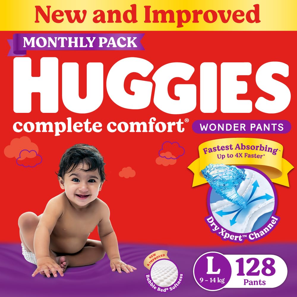 Huggies Complete Comfort Wonder Pants | Pant Style Baby Diapers L Size, 128 Count | India’s Fastest Absorbing Diaper, Patented Dry Xpert Channel, Ideal for 9 to 14 Kgs