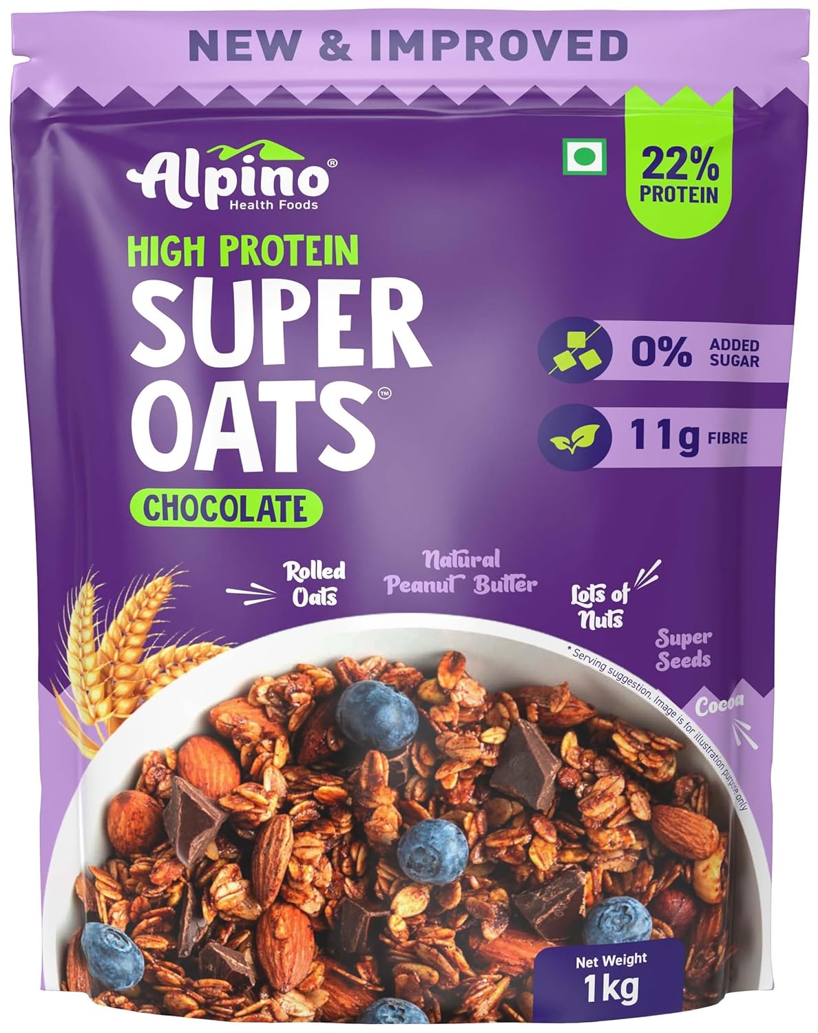 ALPINO High Protein Super Rolled Oats Chocolate 1kg – Rolled Oats, Natural Peanut Butter & Cocoa Powder – Protein, No Added Sugar & Salt, Gluten Free – As Seen on Shark Tank India