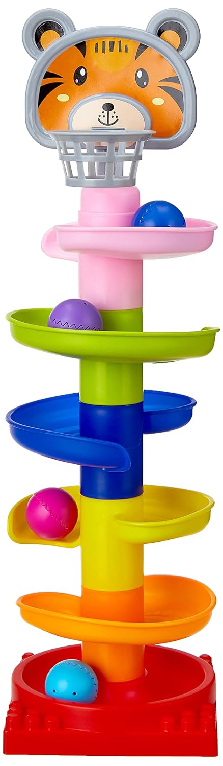 Amazon Brand – Jam & Honey | Rolling and Swirling Ramp Drop Toy for Kids | 5 Layers. 4 Balls