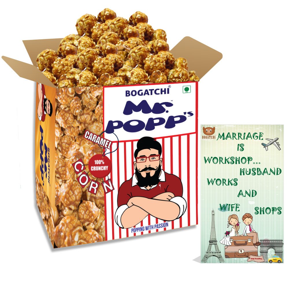 BOGATCHI Mr.POPP’s Caramel Popcorn, 100% Gourmet Popcorn, Anniversary Gift for Friends, 250g + Free Happy Anniversary Greeting Card