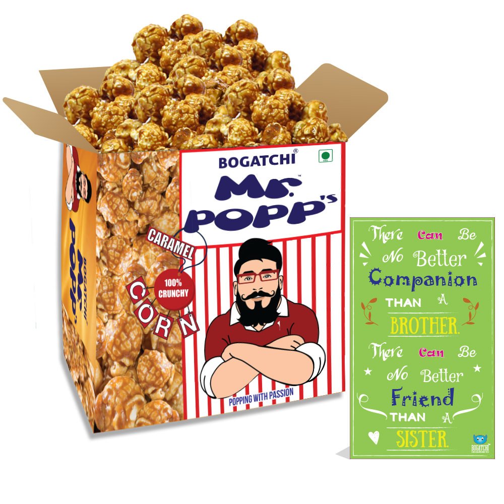 BOGATCHI Mr.POPP’s Crunchy Caramel Popcorn, Handcrafted Gourmet Popcorn, Perfect Rakhi Gift for Boy, 375g + Free Happy Rakhi Greeting Card