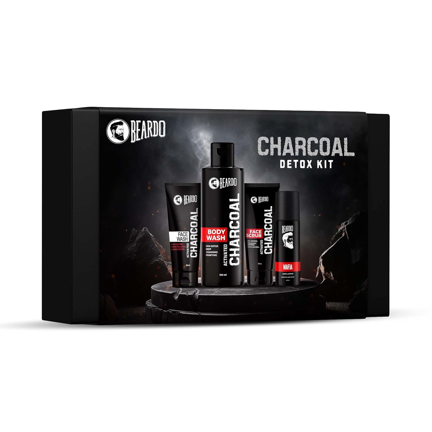 Beardo Charcoal Detox Kit | Grooming kit for men | Activated Charcoal Facewash | Activated Charcoal Bodywash | Activated Charcoal Face Scrub | Mafia perfume body spray for men | Gift Hamper for Men | Gift set for men