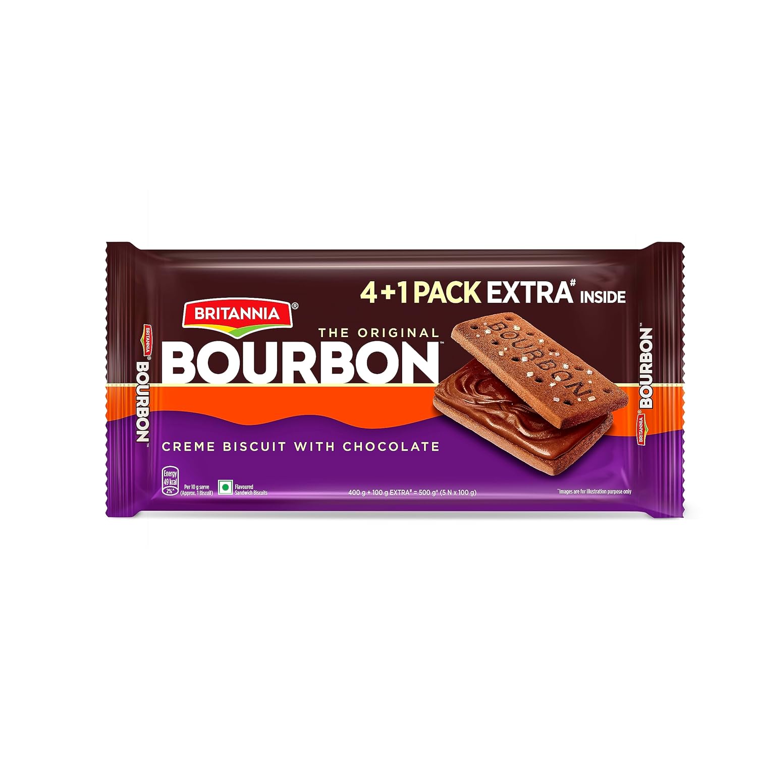 Britannia The Original Bourbon – Creme Biscuit with Chocolate | Buy 4 Get 1 Free | 500gm | Chocolatey Indulgence in every layer