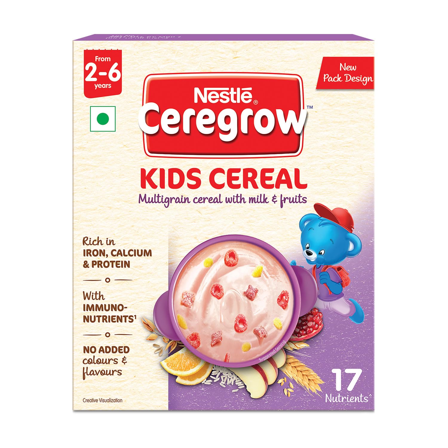 CEREGROW Kids Cereal with Multigrain, Milk & Fruits | Rich in Iron, Calcium & Protein | NO Added Colours & Flavours | 17 Nutrients | 300g , Bag-In-Box Pack.