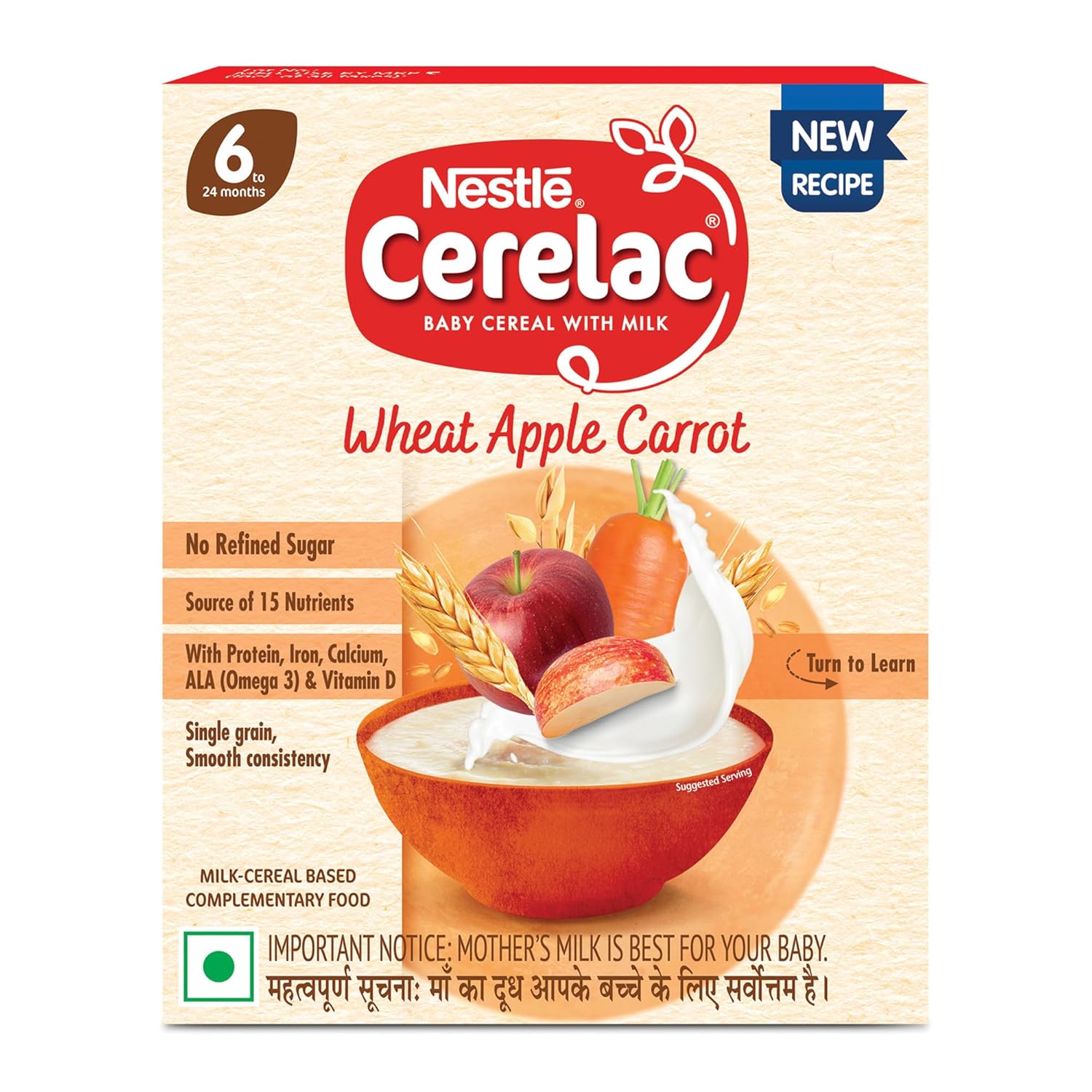 CERELAC Baby Cereal | No Refined Sugar | Wheat Apple Carrot for 6-24 months baby | Omega 3 Iron Protein Calcium for babies | Instant infant Cereal | Travel Friendly | 300g