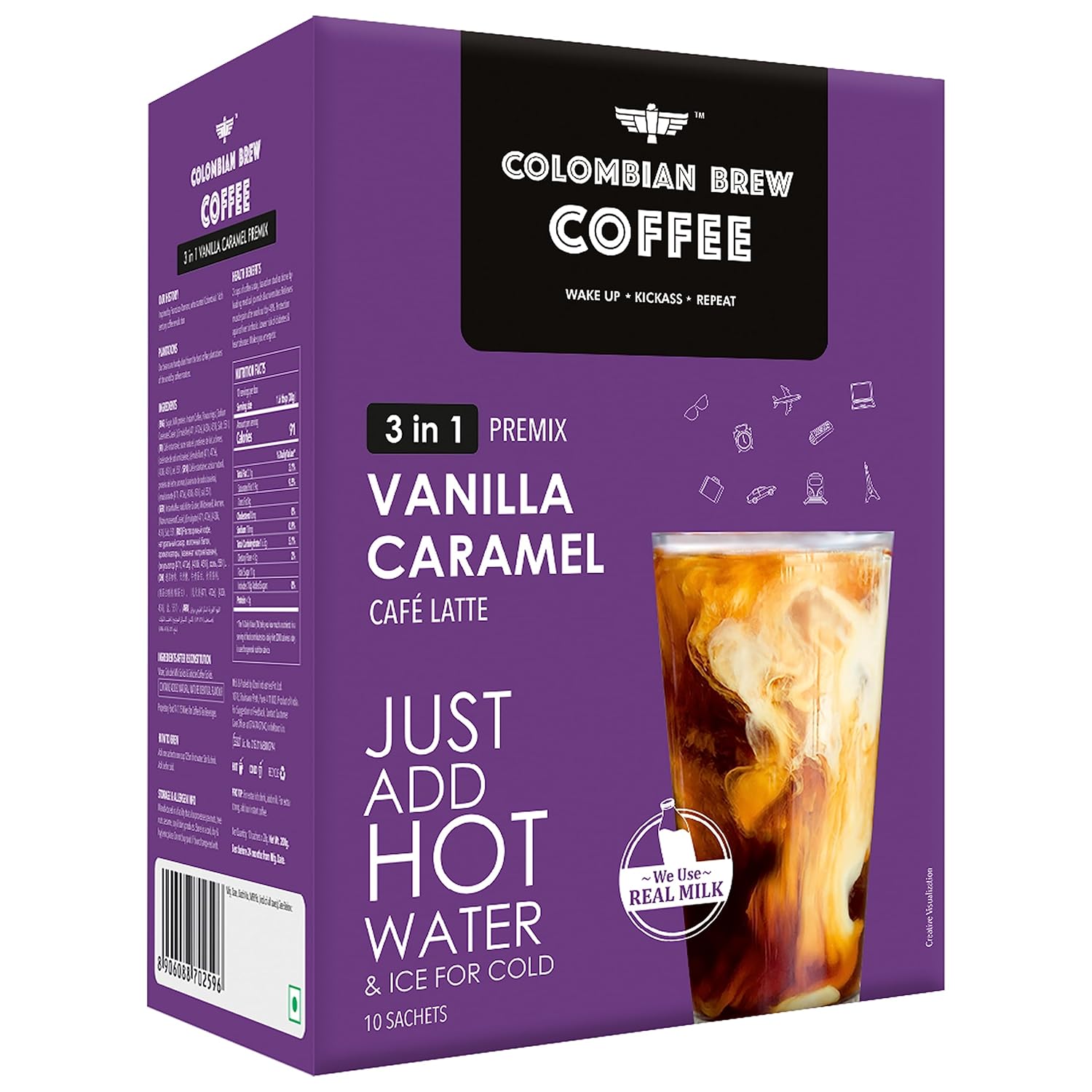 Colombian Brew Vanilla Caramel Café Latte, Instant Coffee Powder Premix (3 in 1), 10 Sachets Box