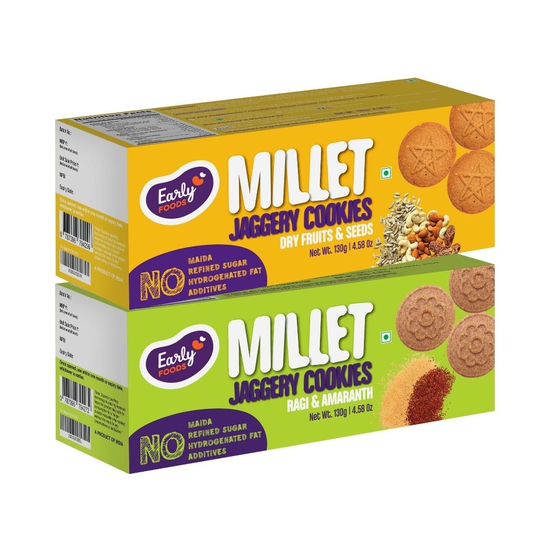 Early Foods – Biscuits combo pack Dry Fruit & Ragi Amaranth Jaggery Cookies 130 gms X 2 | Millet Cookies| Sugar Free Biscuits | Biscuits for kids & adults