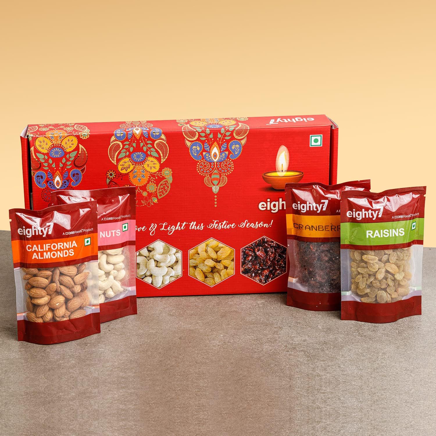 Eighty7 Gold Dry Fruits Gift Box – 600g | California Almonds, Cashews, Raisins and Dried Cranberries | 150g each | Healthy Gourmet Snacks I Gift for Family| Friend | Corporate