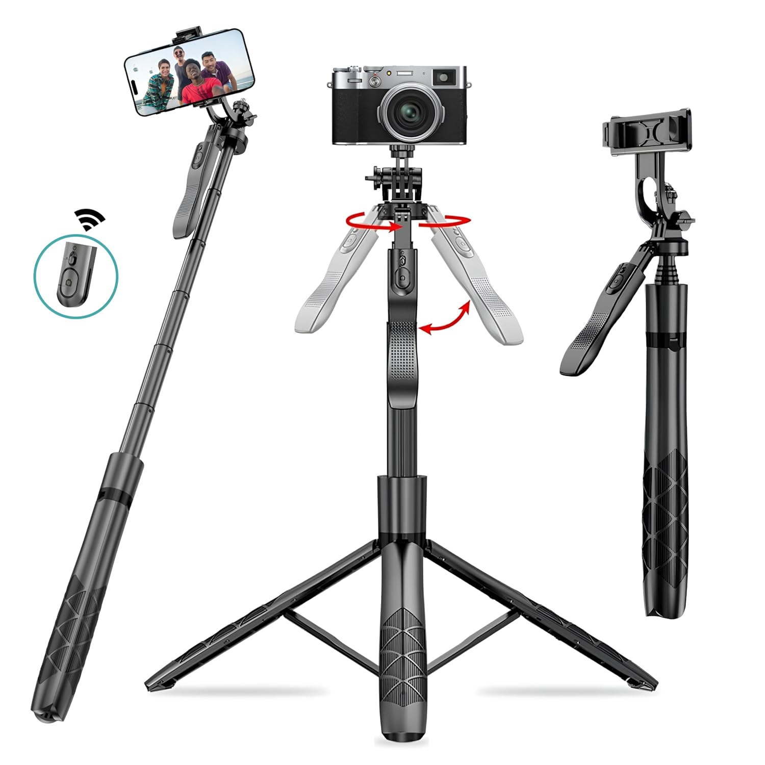 Fling X2 by FTLO Pro Selfie Stick Tripod with 360° Rotatable Handle, 62” Extendable Stand & Bluetooth Remote for Video Recording, Vlogging, Photography on All Android Mobile, iPhone, GoPro, Camera