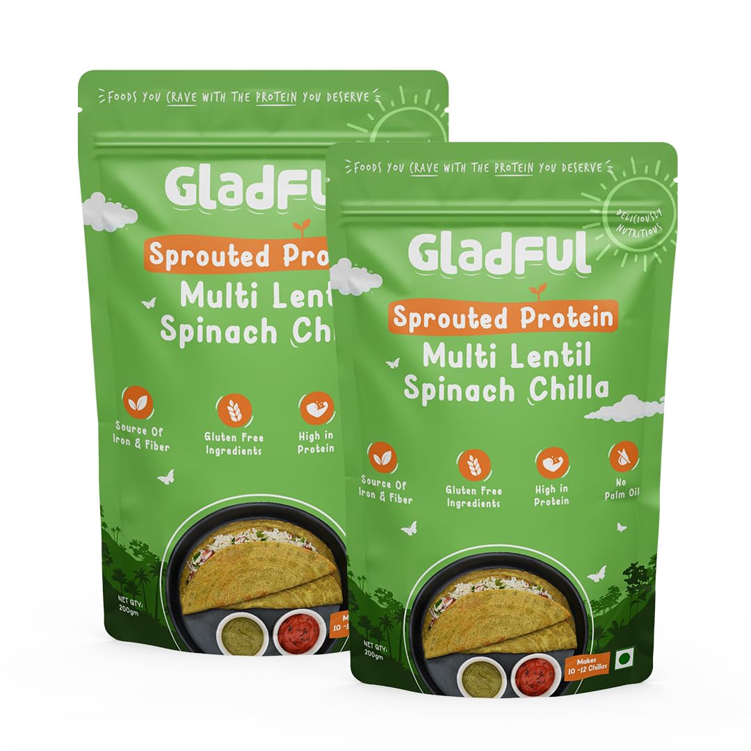Gladful Protein Sprouted lentils & millets Instant Chilla – Dosa Mix, Natural healthy protein & fiber-rich food for kids and families, 200 g (Pack of 2)