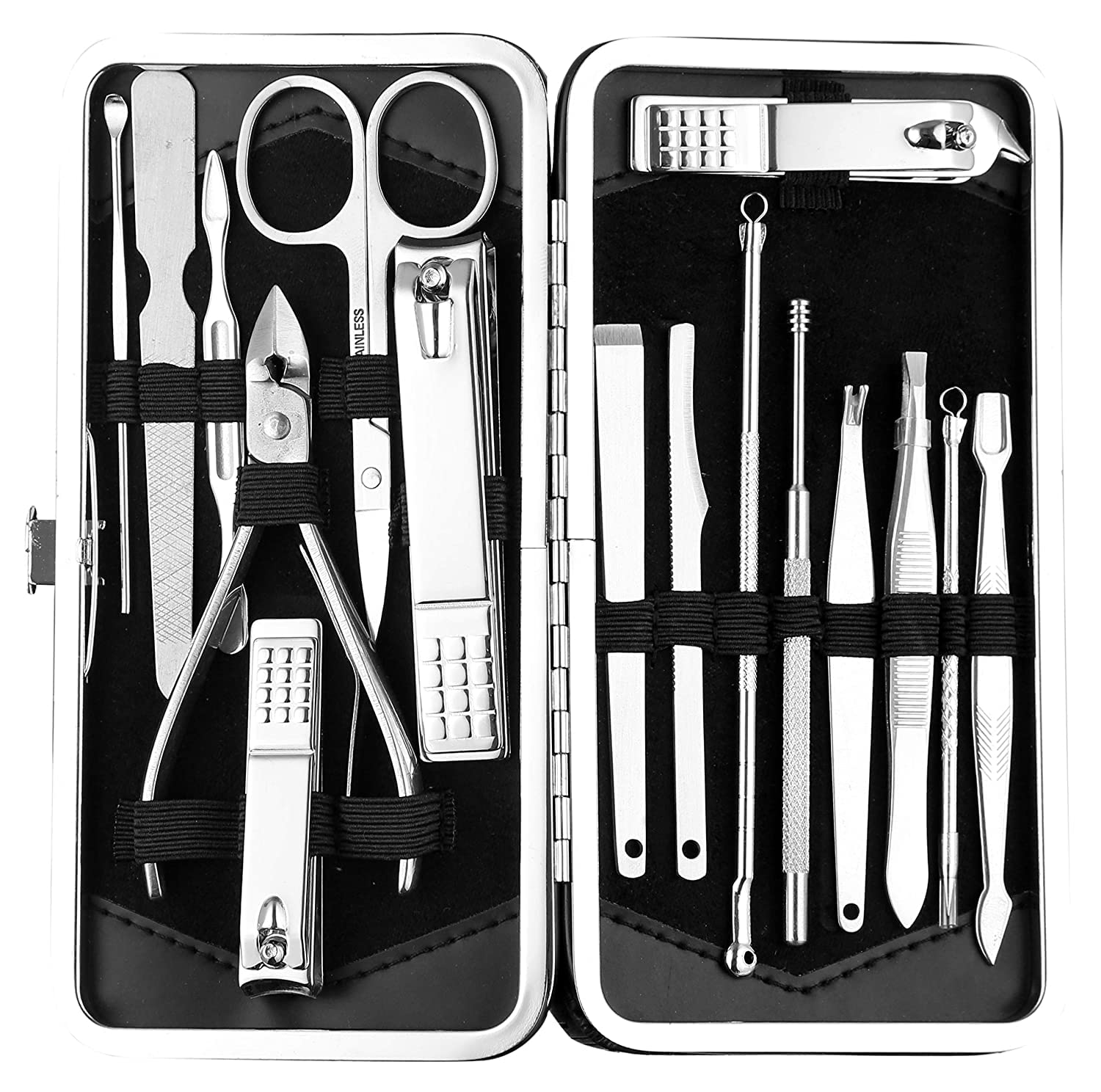 Huda Nails Beauty Manicure Kit Set 16 in 1 Stainless Steel Professional Pedicure Kit Nail Scissors Grooming Kit with Leather Travel Case