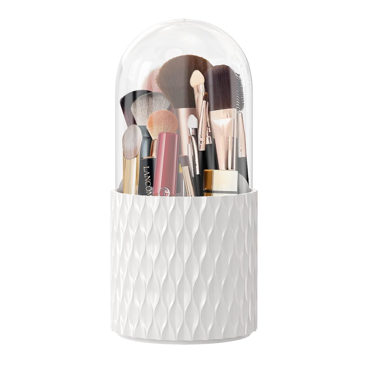 INOVERA (LABEL) 5 Slot Makeup Brush Holder | 360° Rotating Cosmetic Display Case Organizer Dustproof Brushes Storage Cases With Lid For Women Girls (White cosmetics)