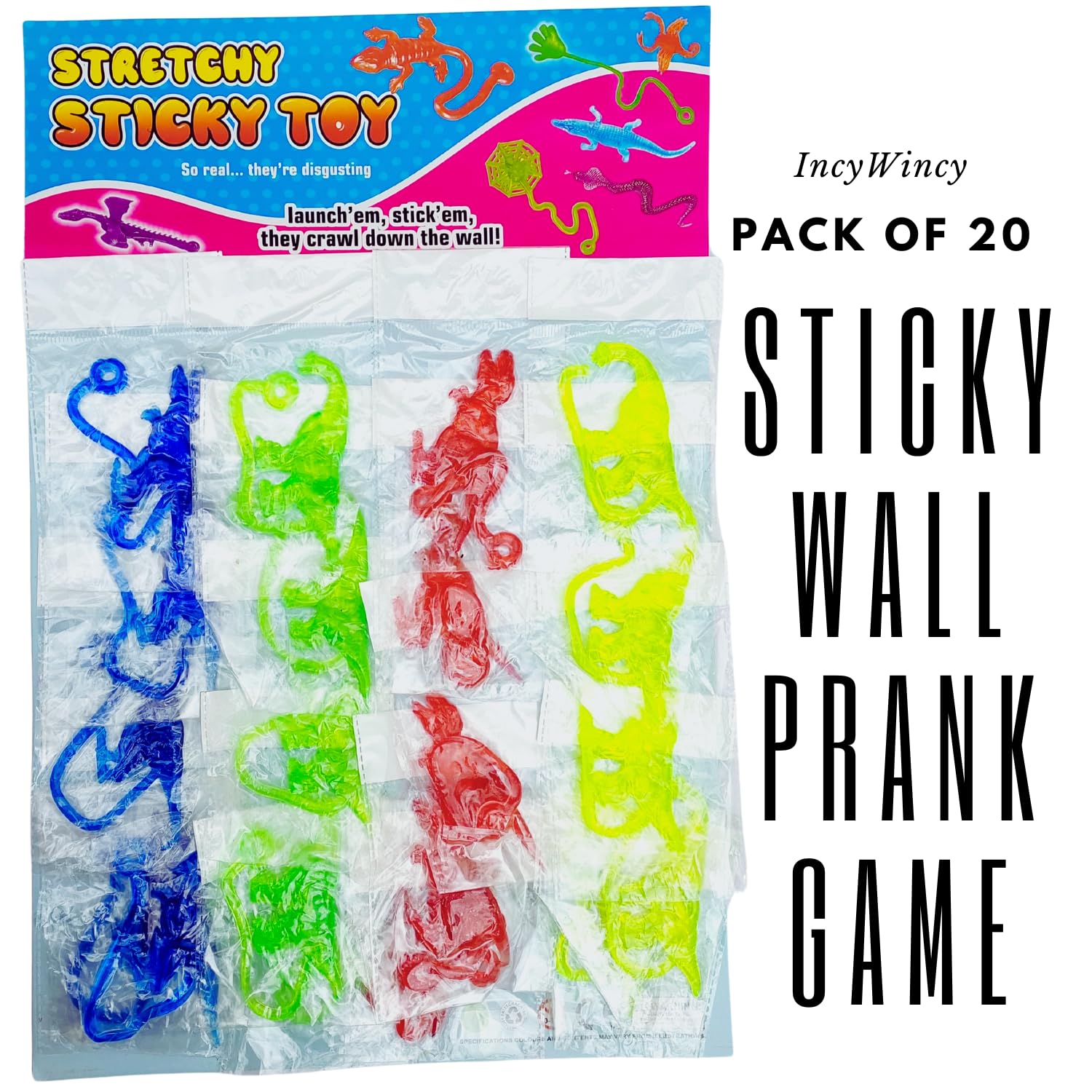 IncyWincy Stretchy Prank Wall Toy (20 Pcs), Stretchable Fun Game Novelty Toy, Unique Birthday Return Gift for Kids, Children’s Party Favor and Activity Toy (Dino, Set of 20), Multicolor