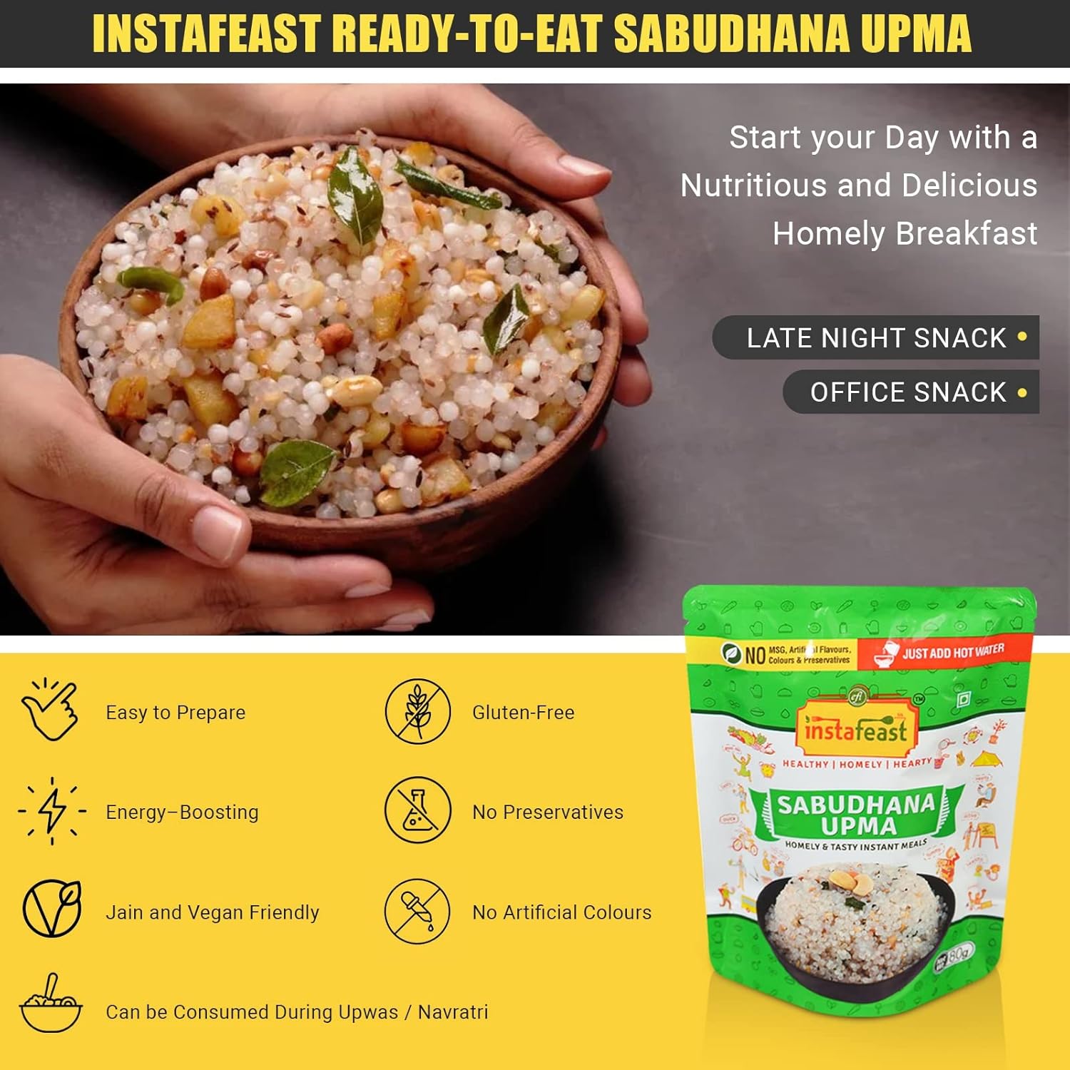 Instafeast Sabudhana Upma Saver Pack| Instant Meal, Ready to Eat, Just Add Hot Water | No preservatives, no Artificial Colours 480 g (Pack of 6 X 80g)