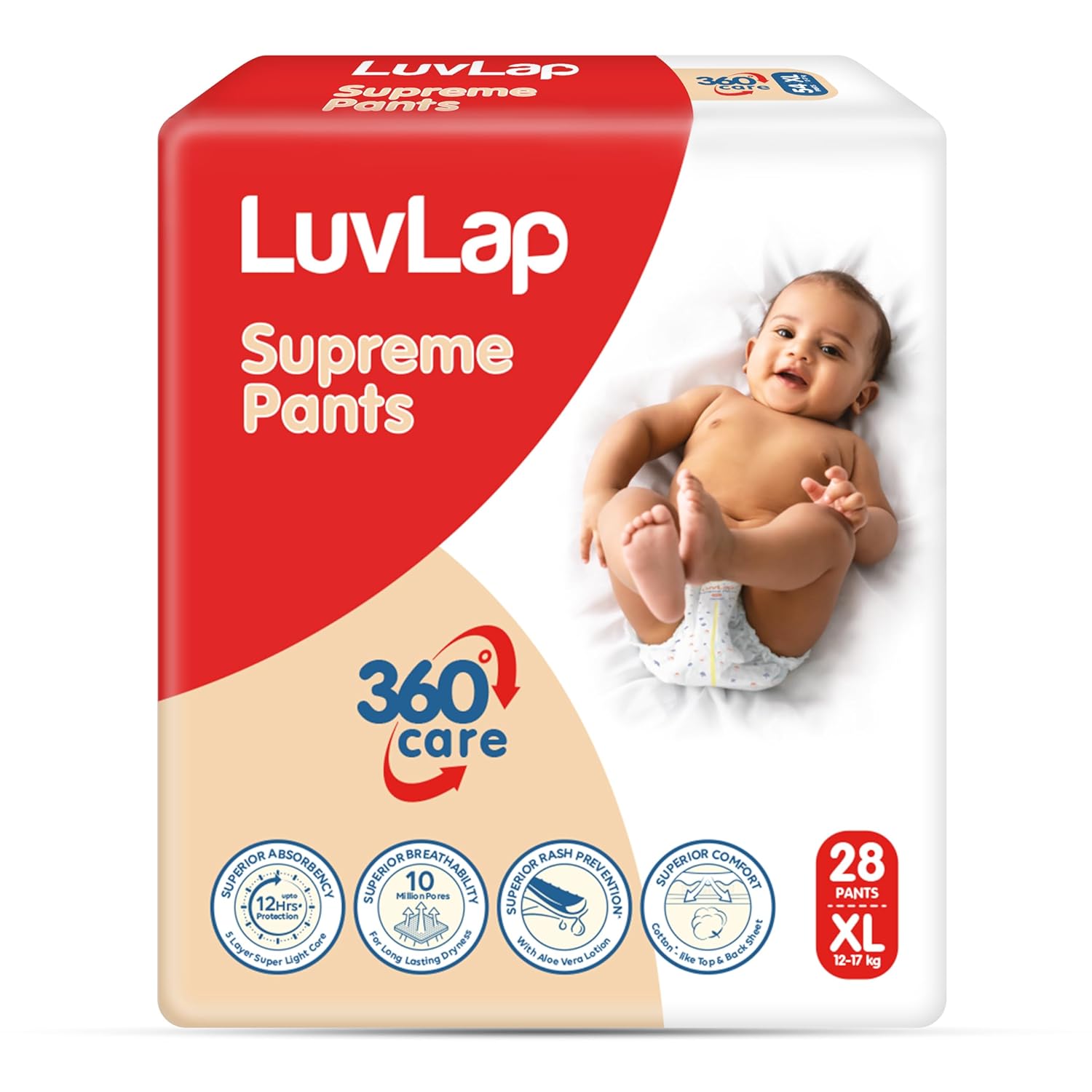 LuvLap Supreme Diaper Pants Extra Large (XL) 12 to 17Kg, 28Pc, 360° skin care with 10 million breathable pores, Aloe Vera for superior Rash prevention, upto 12hr protection, 5 layer super light core