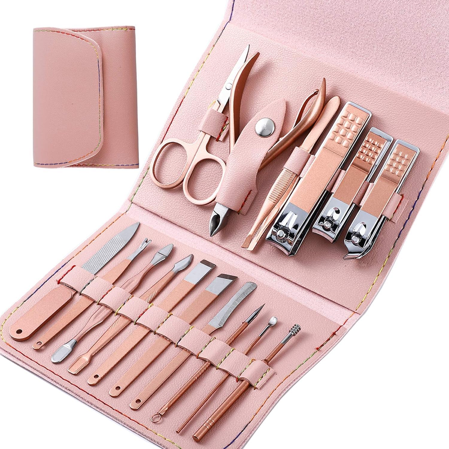 MEI DE MODA Manicure Pedicure Set,Professional Toenails Cuticle Cutter Clipper Fingernails Grooming Kit-Stainless Steel Nail Clippers Set 16 in 1 Travel case- Nail Care Tools for Men and Women(PINK)