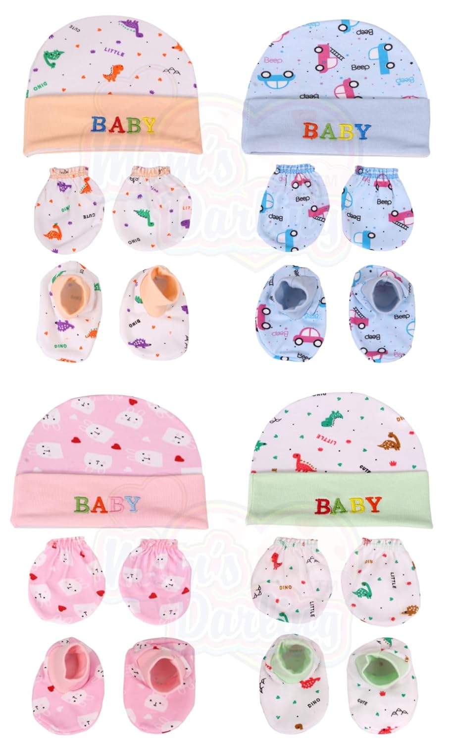 MOM’S DARLING Newborn Baby Cotton Mitten Sets With Cap And Booties/Newborn Cap Set/Newborn Gloves Set/Newborn Socks Set/Newborn Mitten Set/Newborn Bootie Set. Pack Of 4 Piece. Multicolor.10, Girls