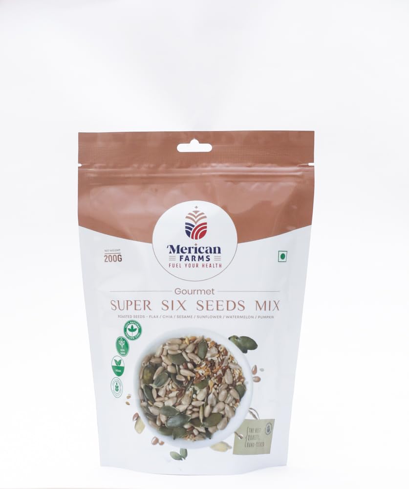 Merican Farms’ Super Six Seeds Mix 200gm | Mix Seeds – Flax, Chia, Sesame, Sunflower, Watermelon, Pumpkin Seeds, Mixed Seeds for Eating | Seeds for Eating | Diet Snacks | Roasted Mix Seeds |