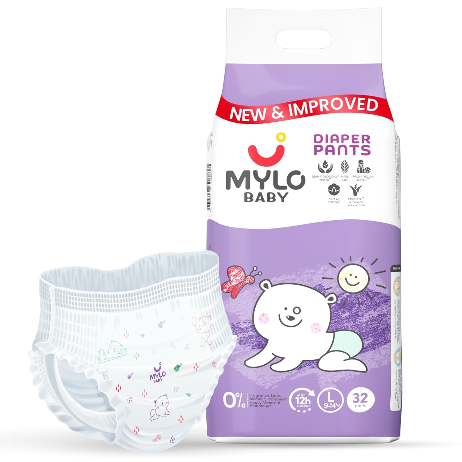 Mylo Baby Diaper Pants Large (L) Size 9-14 kgs (32 count) Leak Proof | Lightweight | Rash Free | 12 Hours Protection | ADL Technology