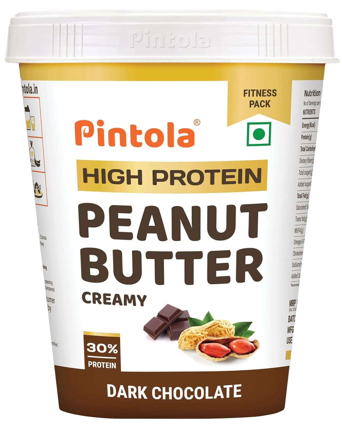 PINTOLA High Protein Peanut Butter Chocolate Flavour Creamy 510g, Added WHEY Protein, 30g Protein 6.2g Fiber, Gluten Free, Zero Trans Fat, Dark Chocolate Peanut Butter Spread, Nut Butter Bread Snacks