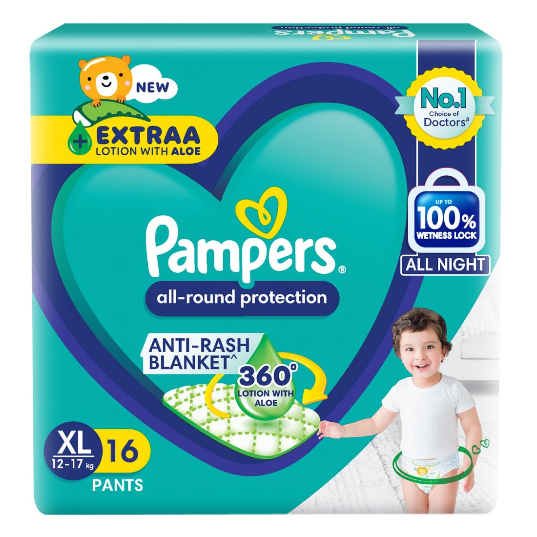 Pampers All round Protection Pants, Extra Large size baby Diapers, (XL) 16 Count Lotion with Aloe Vera