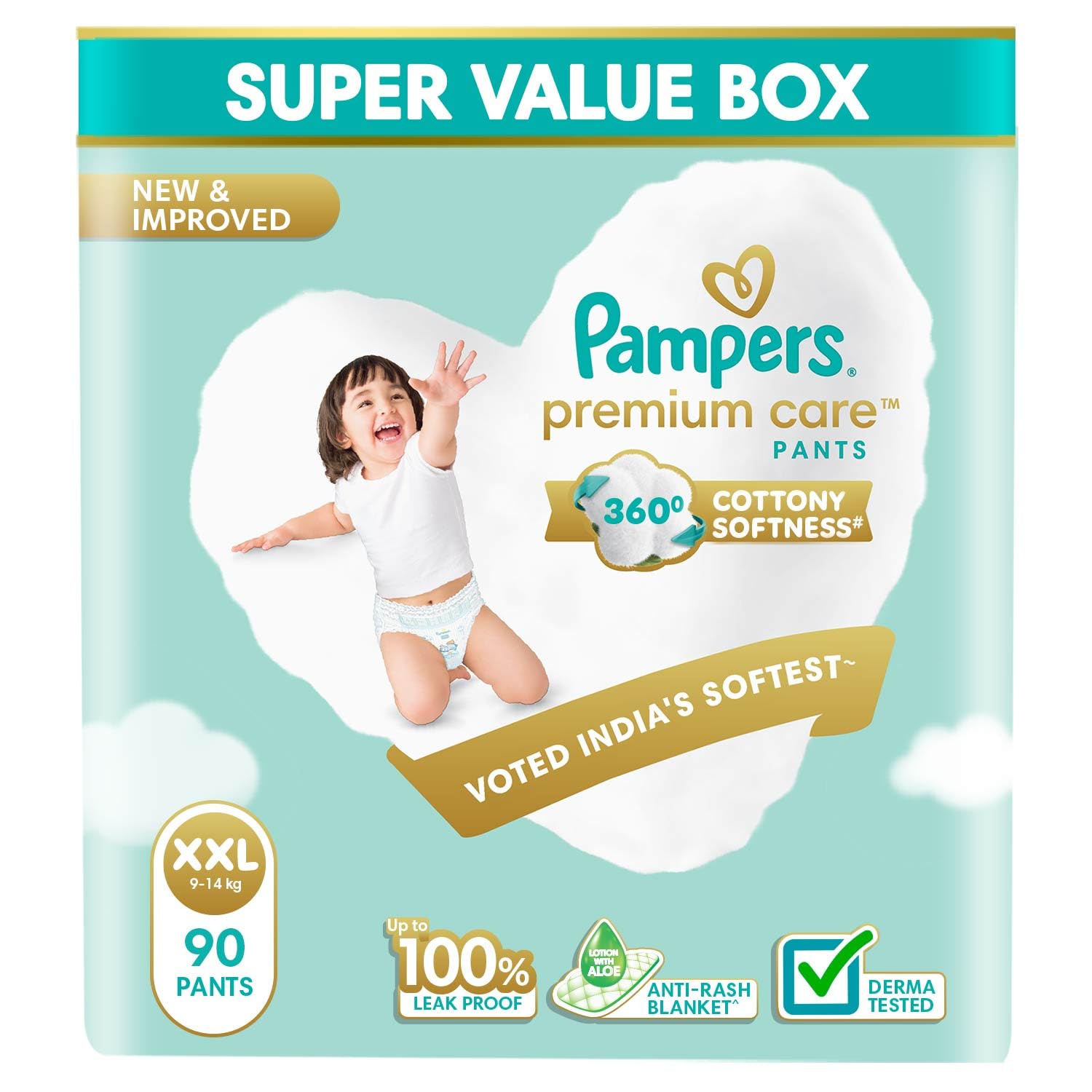 Pampers Premium Care Pants Style Baby Diapers, XX-Large (XXL) Size, 90 Count, All-in-1 Diapers with 360 Cottony Softness, 15-25kg Diapers